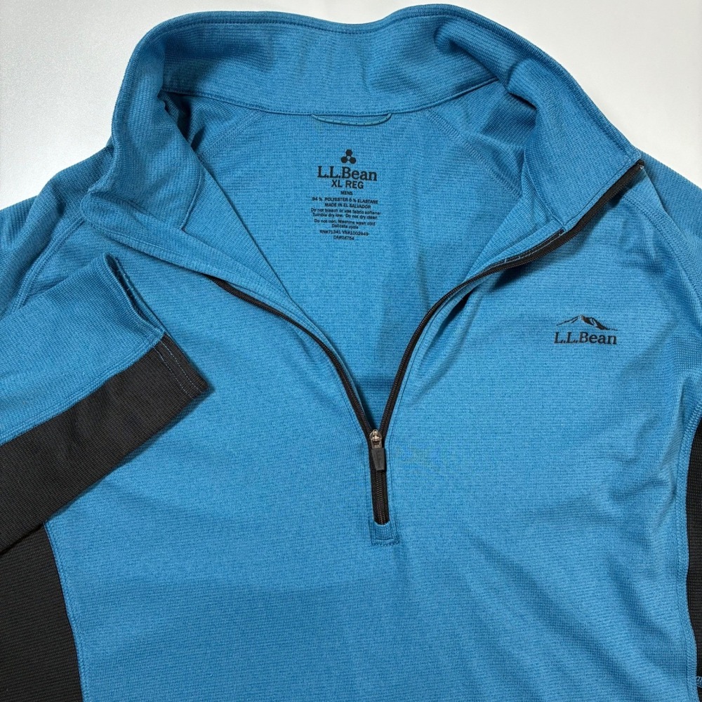 LL Bean Quarter Zip Pullover XL Blue Black Grid Fleece Light Hiking Thumbhole